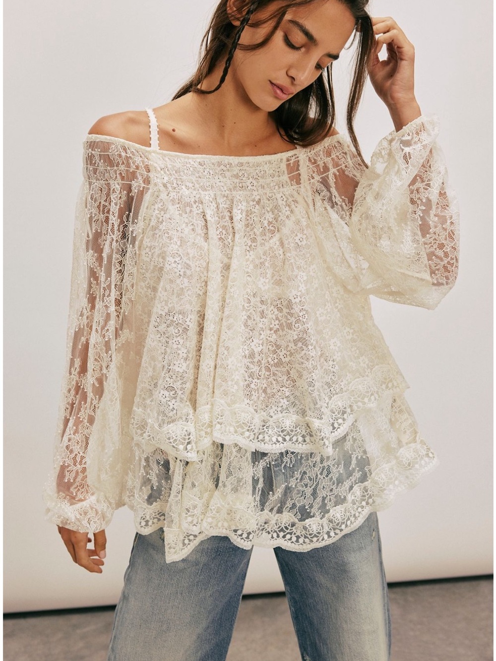 Free People Cream Lace Off-Shoulder Peasant Blouse